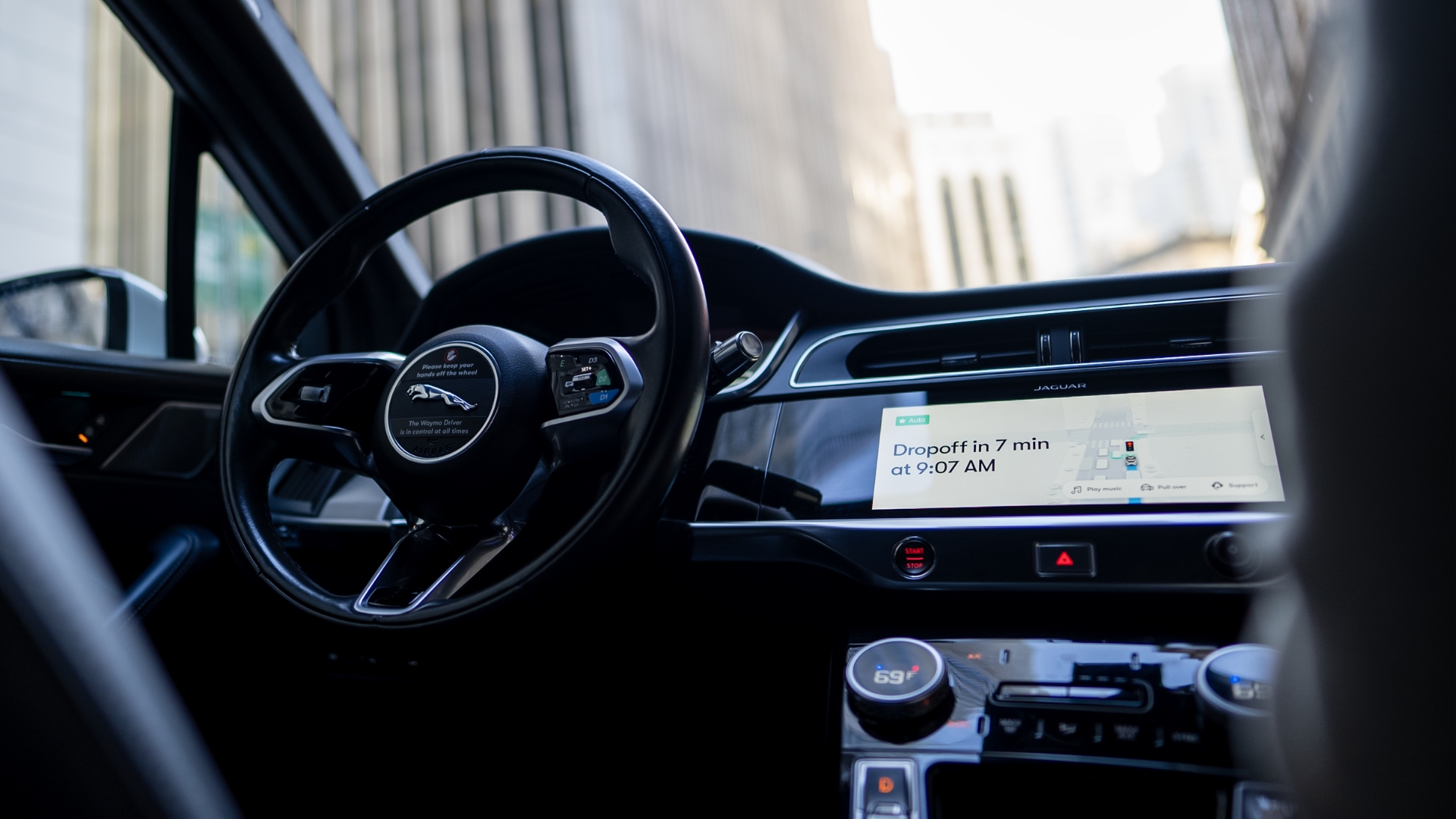 The front seat of Waymo’s autonomously driven Jaguar I-PACE.
