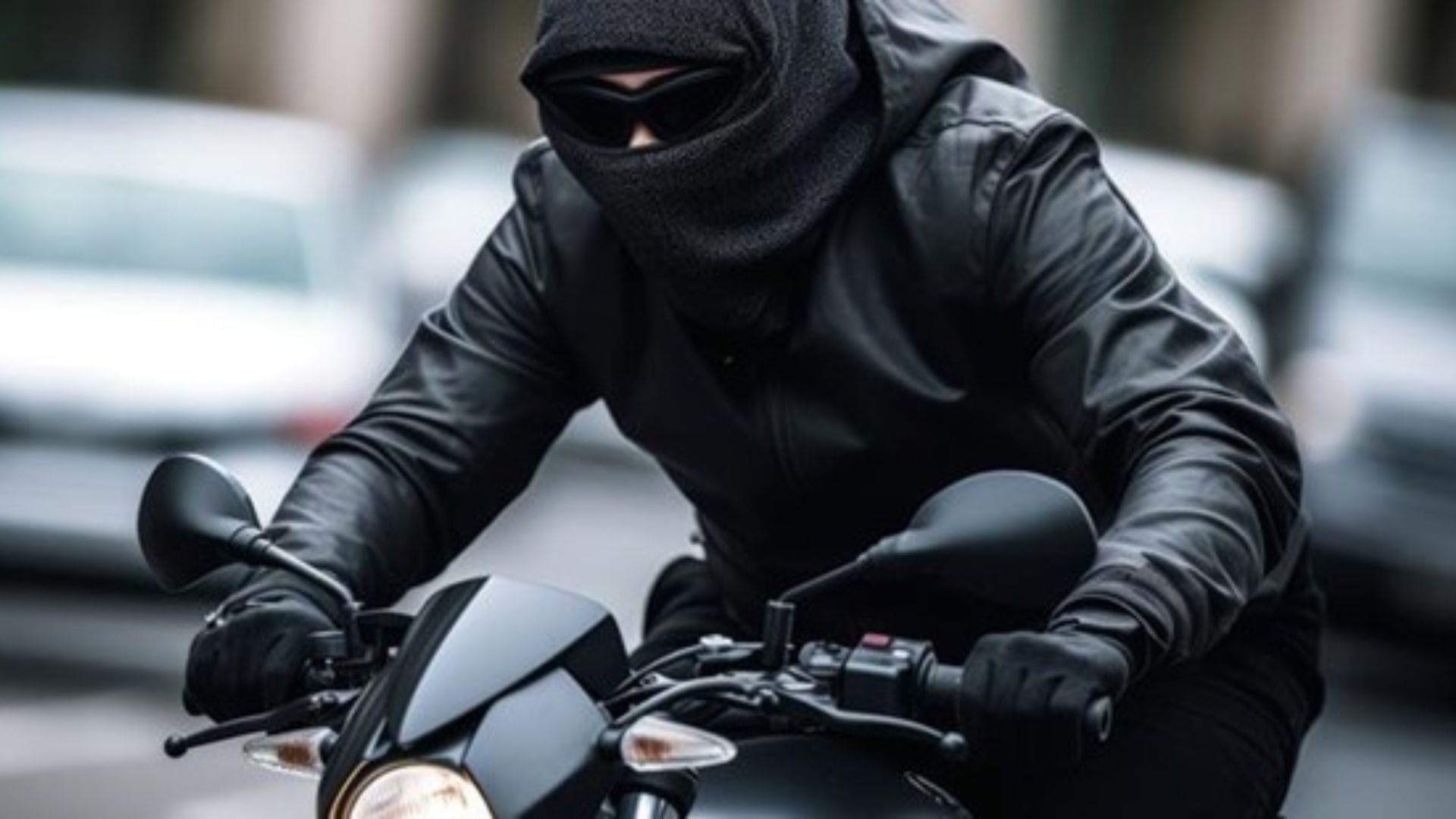 Motorbike and rider wearing all black including black balaclava.